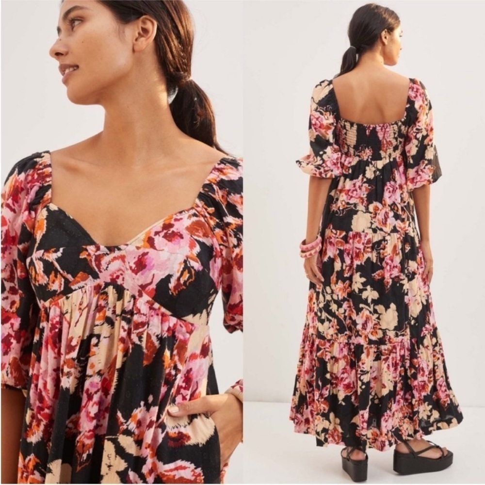 Anthropologie Somerset Puff-Sleeve Maxi Dress Black Pink Floral Tiered M NWT - Picture 2 of 7